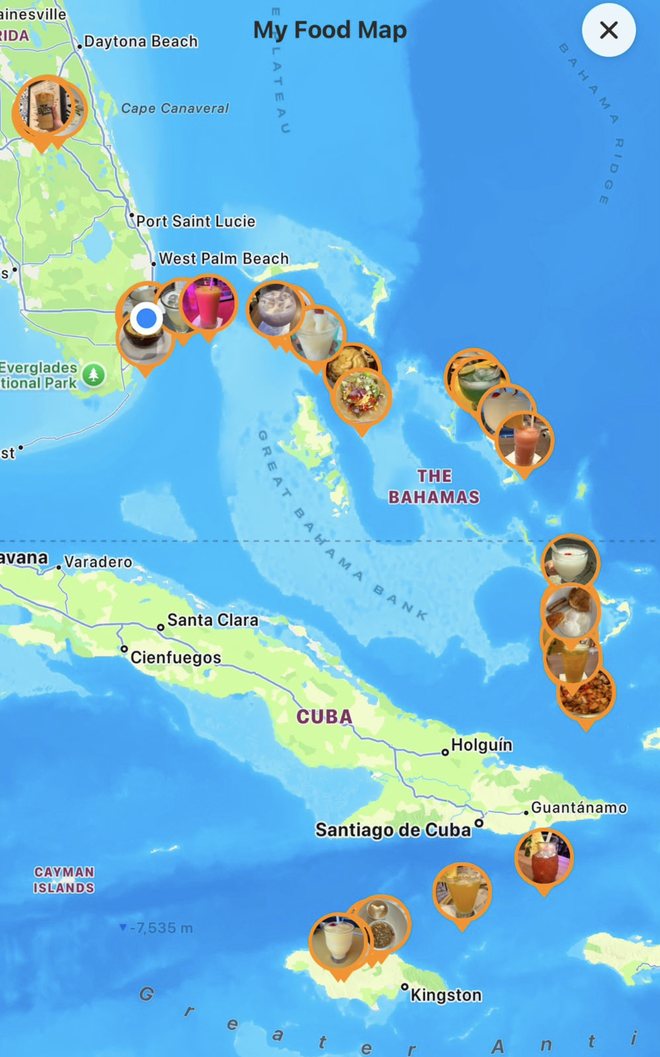 Food map with dish pins across the Caribbean