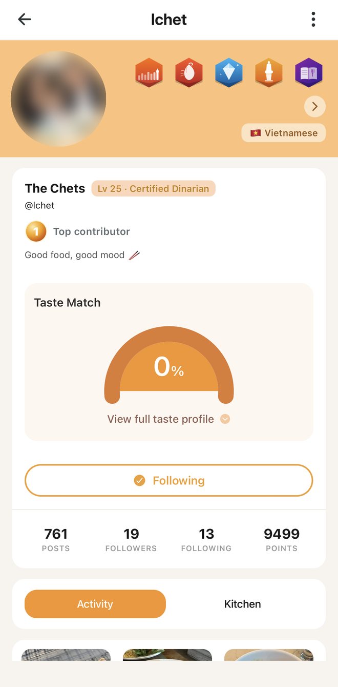 Member profile with badges, level and stats