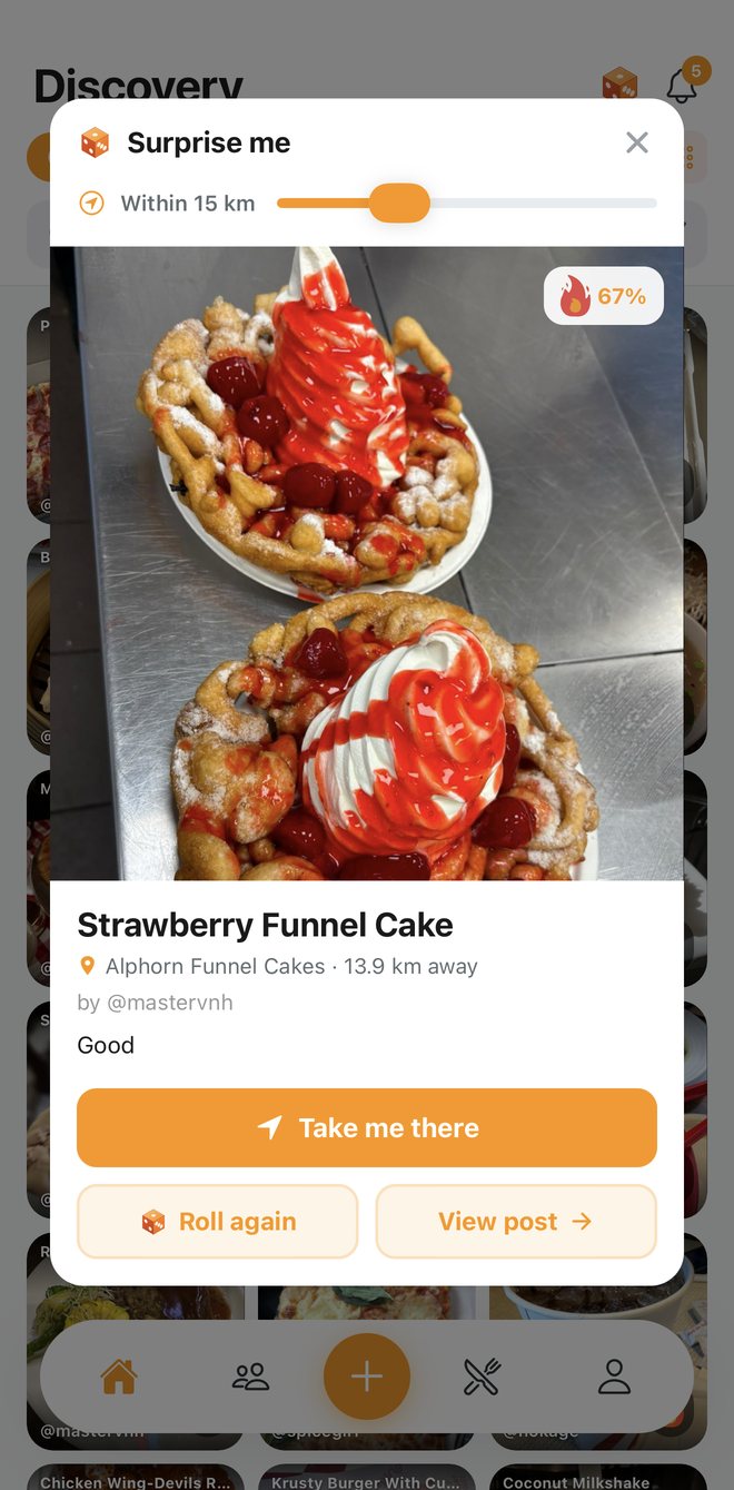 A dish card showing the restaurant name, distance and a Take me there button